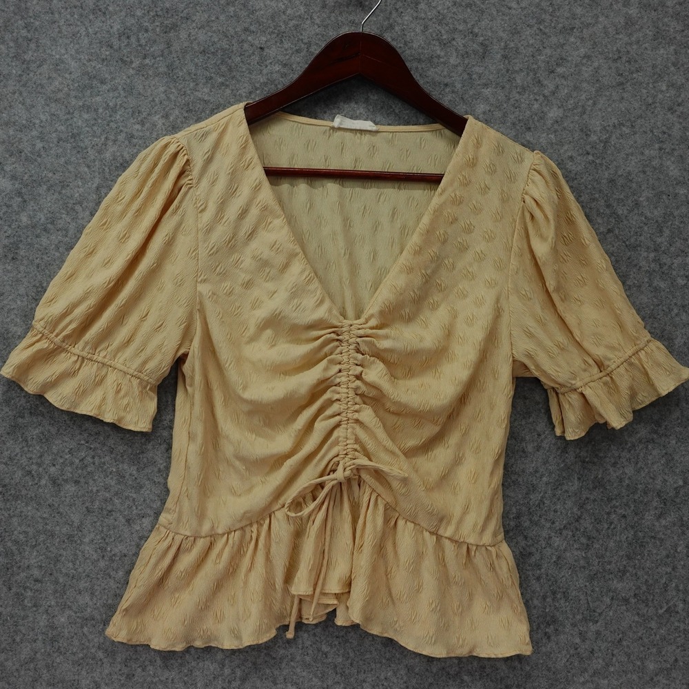Cream Crinkle Peplum Blouse Womens M Puff Sleeve Ruffle Cottagecore Sophie Rue